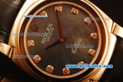 Rolex Cellini Swiss Quartz Rose Gold Case with Black MOP Dial and Black Leather Strap-Diamond Markers