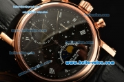 Patek Philippe Copy Venus 75 Manual Winding Working Chronograph Movement Rose Gold Case with Black Dial and Black Leather Strap