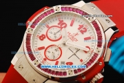 Hublot Big Bang Chronograph Miyota Quartz Movement White Dial with Red Markers and Pink Diamond Bezel - Red Rubber Strap