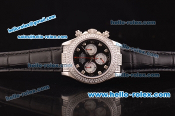 Rolex Daytona Swiss Valjoux 7750-SHG Automatic Diamond Case/Bezel - Black Dial and Black Leather Strap