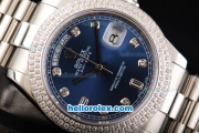 Rolex Day Date II Automatic Movement Full Steel with Double Row Diamond Bezel with Diamond Markers and Blue Dial