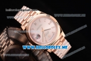 Rolex Day-Date Swiss ETA 2836 Automatic Rose Gold Case/Bracelet with Silver Dial and Stick Markers (BP)