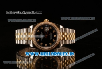 Rolex Datejust 37mm Swiss ETA 2836 Automatic Two Tone with Black Dial and Diamods Markers Diamonds Bezel