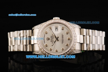 Rolex Oyster Perpetual Day Date Swiss ETA 2836 Automatic Movement Full Steel with White Dial and Diamond Markers/Bezel