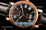 Cartier Rotonde De Miyota Quartz Rose Gold Case with Black Dial Leather Strap and White Roman Numeral Markers