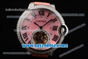 Cartier Ballon Bleu De Tourbillon Swiss Tourbillon Manual Winding Steel Case with Pink Dial Pink Leather Strap and Roman Numeral Markers