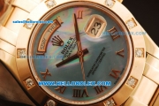 Rolex Day-Date Swiss ETA 2836 Automatic Rose Gold Case with Diamond Bezel and Blue MOP Dial -Rose Gold Strap