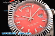 Rolex Day-Date Asia 2813 Automatic Steel Case with Red Leather Strap Stick Markers and Red Dial