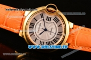 Cartier Ballon Bleu De Medium Asia 4813 Automatic Yellow Gold Case with Silver Dial and Orange Leather Strap - Roman Numeral Markers (GF)