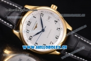 Longines Master Date Swiss ETA 2824 Automatic Yellow Gold Case with White Dial Arabic Numeral Markers and Black Leather Strap