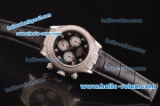 Rolex Daytona Swiss Valjoux 7750-SHG Automatic Diamond Case/Bezel - Black Dial and Black Leather Strap