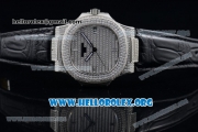 Patek Philippe Nautilus Miyota 9015 Automatic Steel Case with Diamond Dial and Black Leather Strap