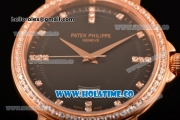 Patek Philippe Calatrava Miyota Quartz Rose Gold Case with Diamonds Bezel and Black Dial - Diamonds Markers