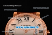 Cartier Rotonde De Miyota Quartz Rose Gold Case with White Dial Diamonds Bezel and Roman Numeral Markers