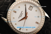 Patek Philippe Calatrava Swiss ETA 2836 Automatic Movement White Dial with Diamond Bezel and Black Leather Strap