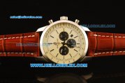 Breitling Transocean Chronograph Quartz Steel Case with White Dial and Silver Markers-Brown Leather Strap