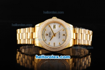 Rolex Day-Date II Automatic Movement Full Gold with Double Row Diamond Bezel-Silver Dial and Diamond Markers