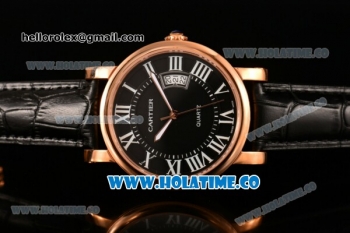 Cartier Rotonde De Miyota Quartz Steel Case with Roman Numeral Markers White Dial and Black Leather Strap