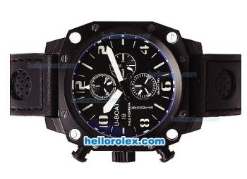 U-BOAT Italo Fontana Chronograph Quartz Movement Full PVD Case with White Markers-Black Dial and Black Leather Strap