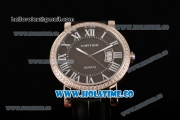 Cartier Rotonde De Miyota Quartz Steel Case with Black Dial Diamonds Bezel and White Roman Numeral Markers