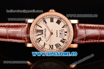 Cartier Rotonde De Miyota Quartz Rose Gold Case with White Dial Diamonds Bezel and Roman Numeral Markers