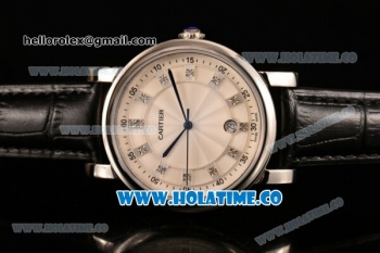 Cartier Rotonde De Miyota Quartz Steel Case with Diamonds Markers White Dial and Black Leather Strap