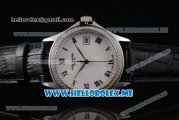 Patek Philippe Calatrava Miyota 9015 Automatic Steel Case with White Dial Black Leather Strap and Roman Numeral Markers Diamonds Bezel