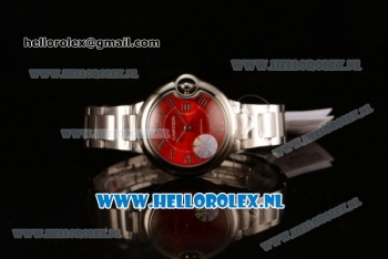 Cartier Ballon Bleu De Japanese Miyota Quartz Steel Case with Red Dial Roman Numberal Markers and Steel Bracelet