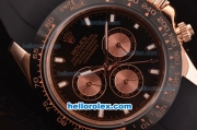 Rolex Daytona Asia 3836 Automatic Rose Gold Case - PVD Bezel with Black Dial and Black Rubber Strap - 7750 Coating