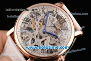 Cartier Rotonde De Swiss Manual Winding Rose Gold Case with White Leather Bracelet and Skeleton Dial