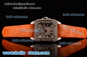 Cartier Santos 100 Medium Japanese Miyota OS2035 Quartz Steel Case with Orange Leather Strap Diamond Bezel and White Dial