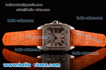 Cartier Santos 100 Medium Japanese Miyota OS2035 Quartz Steel Case with Orange Leather Strap Diamond Bezel and White Dial