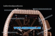 Franck Muller Vanguard Miyota OS20 Quartz Rose Gold Case with Black Dial Black Leather Strap and Diamonds Bezel