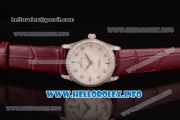 Omega De Ville Prestige Miyota Quartz Steel Case with White MOP Dial Diamonds Bezel and Wine Leather Strap