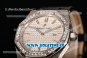 Audemars Piguet Royal Oak Lady Swiss Quartz Steel Case with Diamonds Bezel Black Leather Strap and White Dial