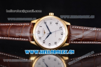 Longines Master Date Swiss ETA 2824 Automatic Yellow Gold Case with White Dial Arabic Numeral Markers and Brown Leather Strap