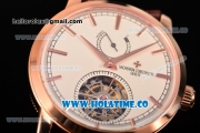 Vacheron Constantin Patrimony Swiss Tourbillon Manual Winding Rose Gold Case with White Dial Brown Alligator Strap and Stick Markers