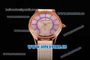 Jaeger-LeCoultre Lady Miyota Quartz Rose Gold Case with White MOP Dial Purple Stick Markers and White Leather Strap - Diamonds Bezel