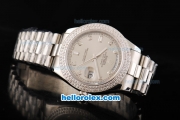 Rolex Day Date II Automatic Movement Full Steel with Double Row Diamond Bezel with Diamond Markers and Grey Dial