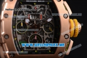 Richard Mille RM 011 Felipe Massa Flyback Swiss Valjoux 7750 Automatic Rose Gold Case with Skeleton Dial and Black Rubber Strap Arabic Numeral Markers