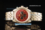 Breitling Bentley Chronograph Quartz Movement Red Dial with Three Small Dial and Silver Case-SS Strap