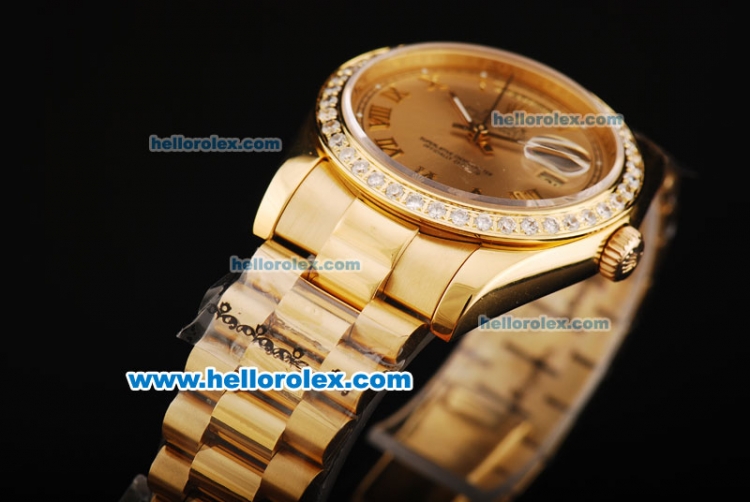 Rolex Day Date Oyster Perpetual Swiss ETA 2836 Automatic Movement Full Gold with Roman Numerals and Diamond Bezel - Click Image to Close