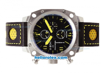 U-BOAT Italo Fontana Chronograph Quartz Movement Silver Case with Yellow Markers-Black Dial and Leather Strap