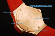 Hublot Big Bang Swiss Quartz Movement Rose Gold Case with Pink Diamond Bezel and Red Rubber Strap