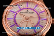 Jaeger-LeCoultre Lady Miyota Quartz Rose Gold Case with White MOP Dial Purple Stick Markers and Black Leather Strap - Diamonds Bezel