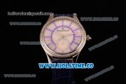Jaeger-LeCoultre Lady Miyota Quartz Steel Case with White MOP Dial Purple Stick Markers and Blue Leather Strap - Diamonds Bezel