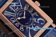 Franck Muller Long Island Swiss Quartz Rose Gold Case Diamond Bezel with Blue Leather Strap and Blue Dial