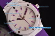 Hublot Classic Fusion Japanese Miyota OS2035 Quartz Ceramic Case with Purple Rubber Strap and White Dial Stick Markers