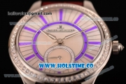 Jaeger-LeCoultre Lady Miyota Quartz Steel Case with White MOP Dial Purple Stick Markers and Brown Leather Strap - Diamonds Bezel