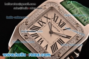 Cartier Santos 100 Medium Japanese Miyota OS2035 Quartz Steel Case with Green Leather Strap Diamond Bezel and White Dial